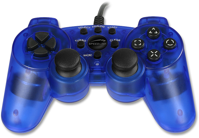 Blauer, transparenter Speedlink USB-Gamecontroller mit zwei Analogsticks, Steuerkreuz und Funktionstasten