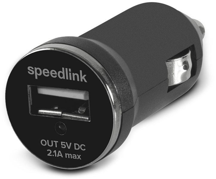 Schwarzes Speedlink USB-Auto-Ladegerät mit 5V DC Ausgang und 2,1A, geeignet für Zigarettenanzünder im Auto