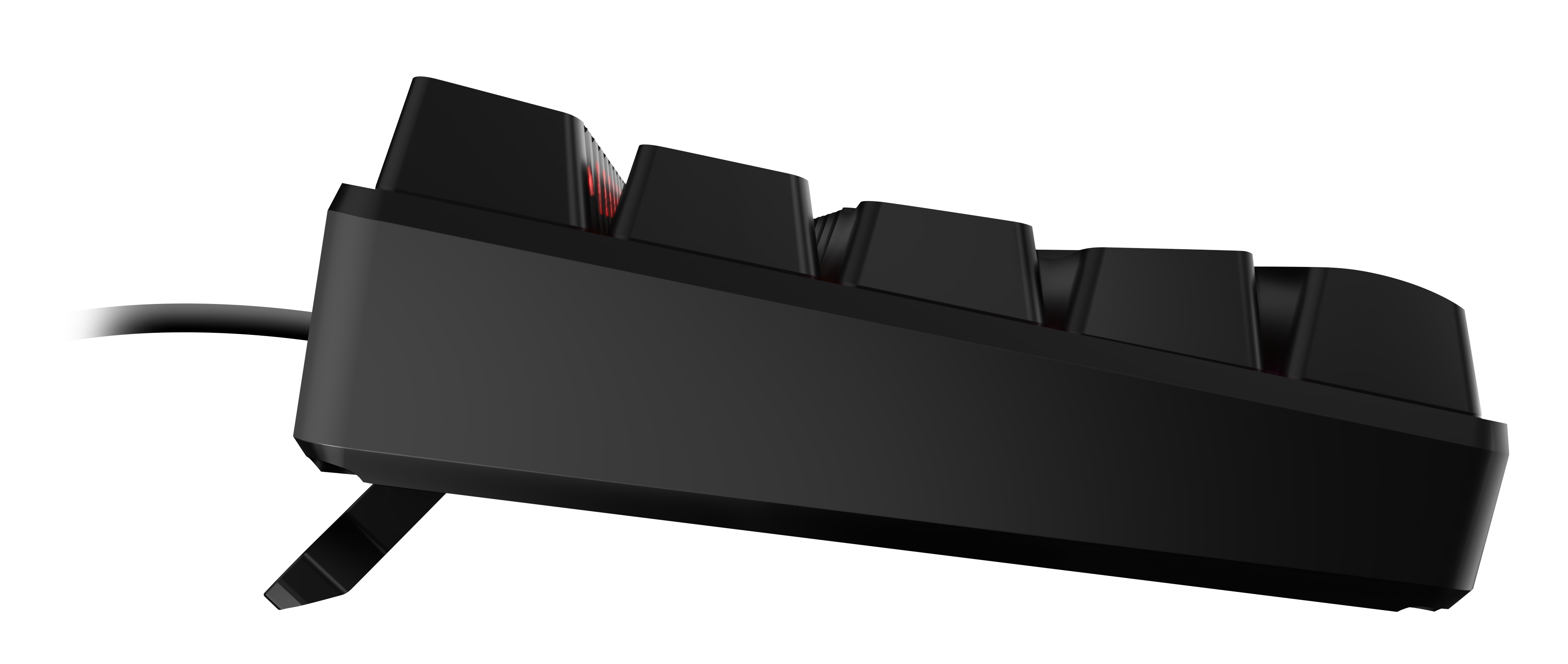 Schwarze mechanische Tastatur von der Seite mit hochgeklappten Standfüßen und sichtbarem Anschlusskabel