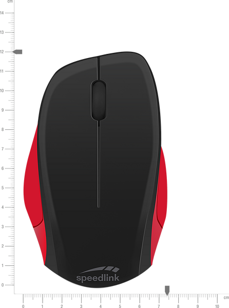 Schwarze und rote Speedlink Maus mit ergonomischem Design, von oben fotografiert, mit Maßstab zur Größenangabe