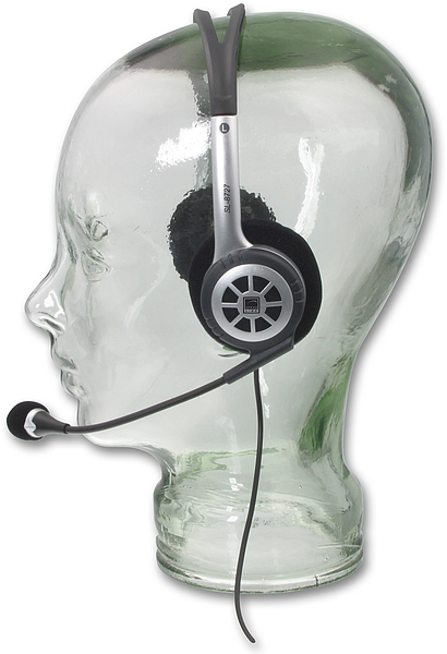 Headset mit Mikrofon, präsentiert auf einem gläsernen Kopf, ideal für Online-Kommunikation und Telefonkonferenzen