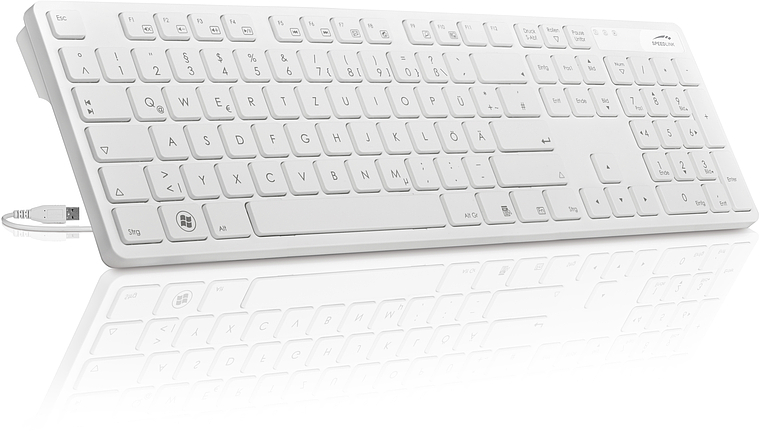 Elegante, weiße USB-Tastatur mit flachen Tasten und deutschem QWERTZ-Layout, geeignet für Büro und Zuhause