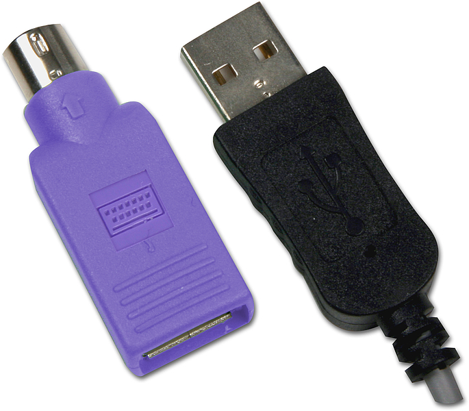 Nahaufnahme eines lila USB-zu-PS/2-Adapters und eines schwarzen USB-Steckers zur Verbindung von Tastatur oder Maus mit einem Computer