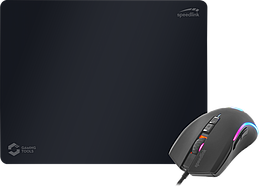 Schwarzes Mousepad mit einer schwarzen Gaming-Maus mit RGB-Beleuchtung von Speedlink