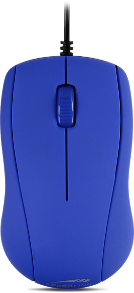 Blaue kabelgebundene Computermaus mit ergonomischem Design und Scrollrad, aufgenommen von oben