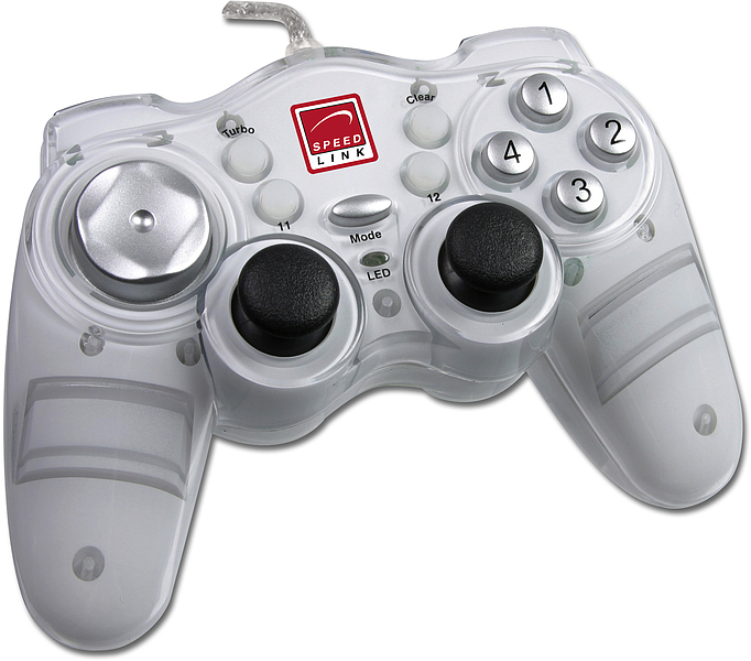 Transparenter SPEEDLINK PC Gamecontroller mit D-Pad, zwei Joysticks und Aktionstasten, geeignet für Computerspiele