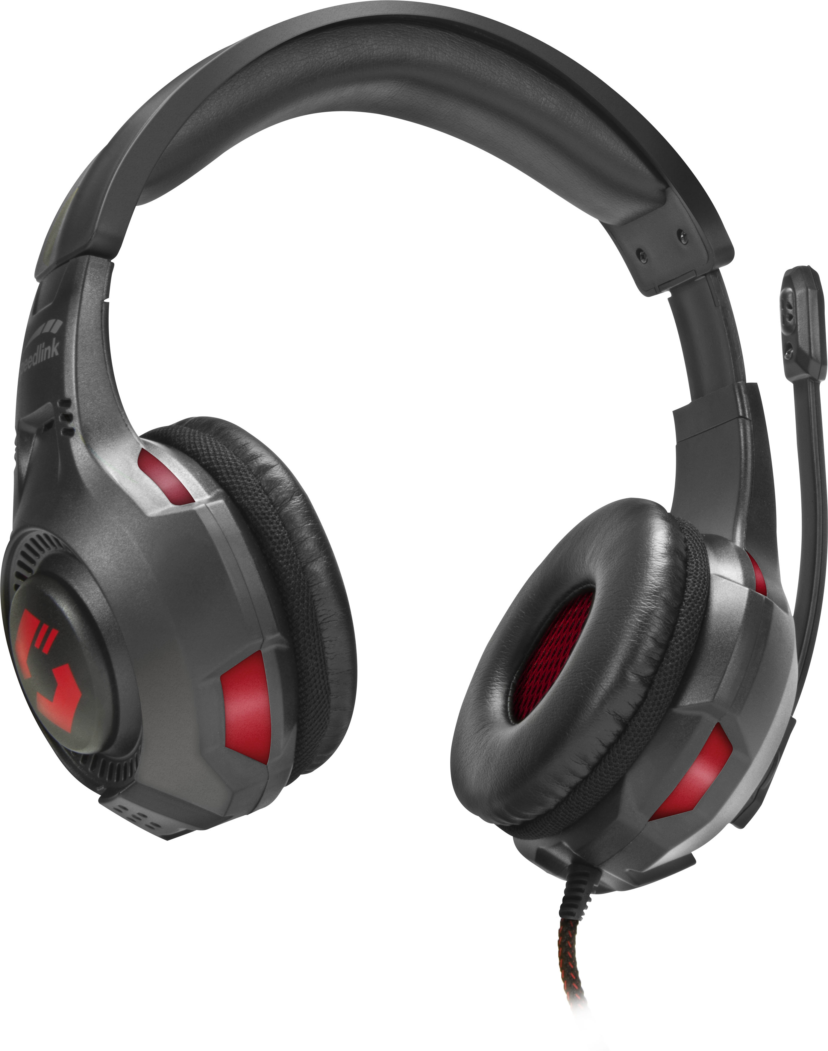 Schwarzes Gaming-Headset mit roten Akzenten und Mikrofon, geeignet für PC und Konsole