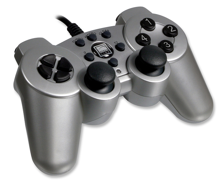 Abbildung eines silbernen, kabelgebundenen Gamecontrollers mit Steuerkreuz, Action-Buttons und zwei Analogsticks