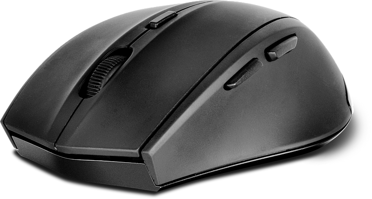 Schwarze, kabellose Computermaus mit ergonomischer Form, Scrollrad und mehreren Seitentasten