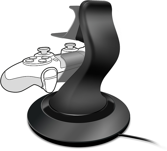 Abbildung eines modernen schwarzen Joysticks mit angedeutetem Gamecontroller im Hintergrund auf weißem Hintergrund