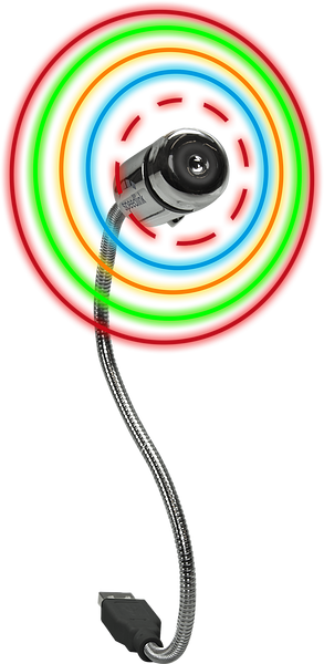 Flexible USB-Webcam vor einem bunten Regenbogen-Hintergrund, ideal für innovative Videoaufnahmen