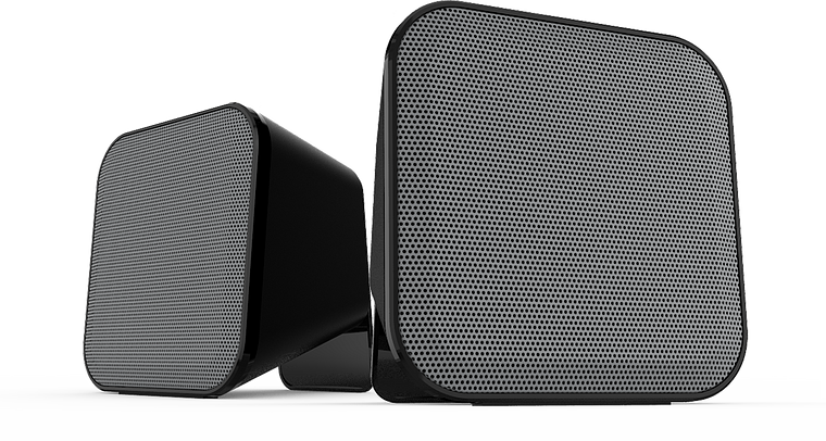 Zwei schwarze, quadratische Lautsprecher mit abgerundeten Ecken und feinem Lochgitter-Design