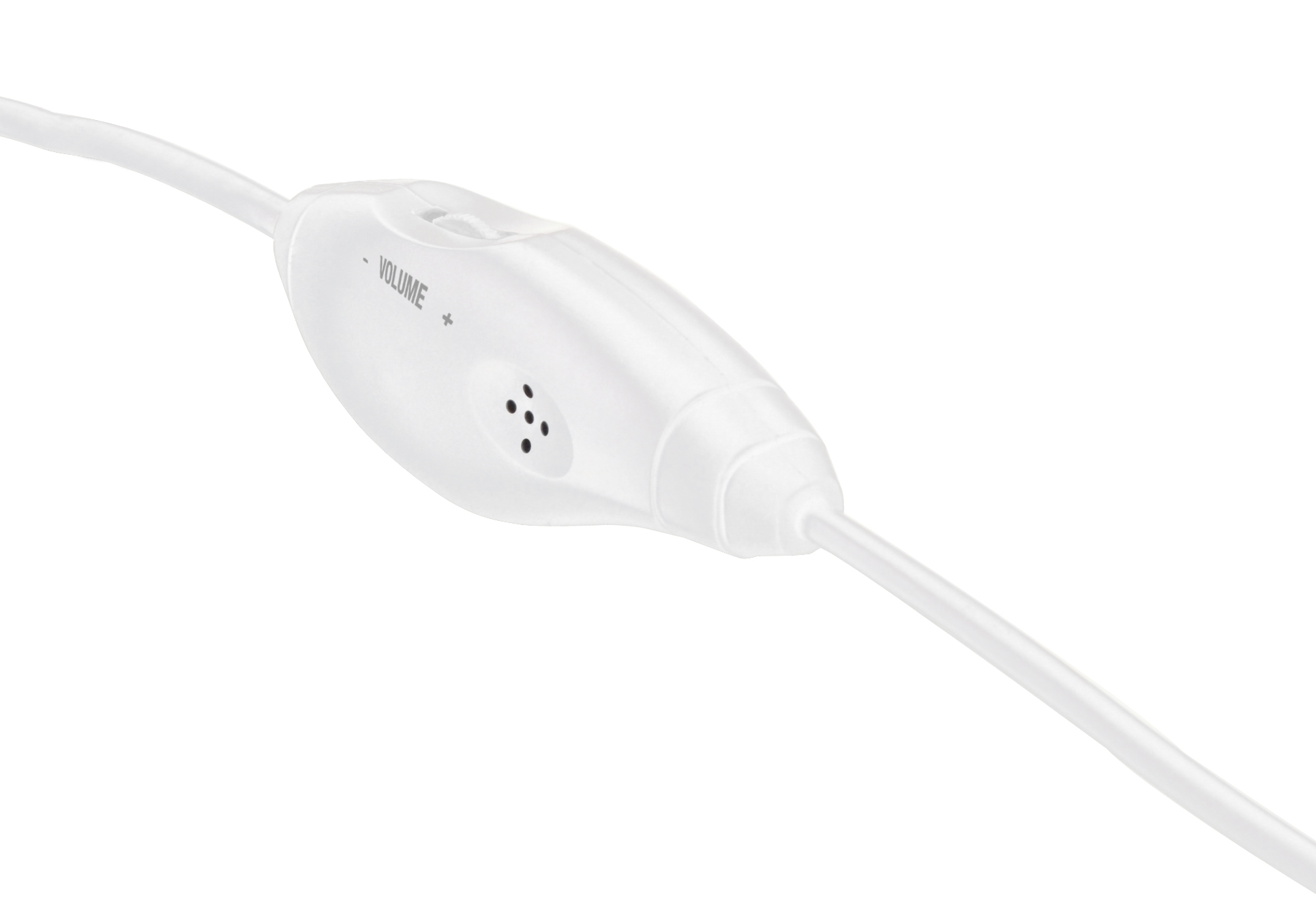 Nahaufnahme einer weißen Fernbedienung am Kabel mit Lautstärkeregler für Kopfhörer oder Headsets