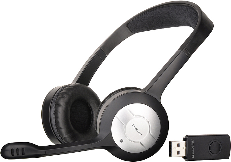 Schwarzes Speedlink USB-Headset mit integriertem Mikrofon und USB-Adapter, geeignet für Computer und Online-Kommunikation
