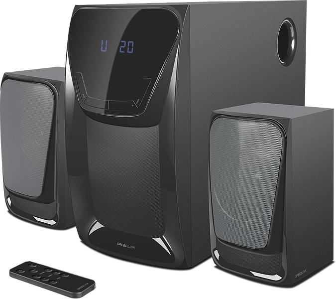 Schwarzes 2.1 Lautsprechersystem mit zwei Satellitenlautsprechern, Subwoofer und Fernbedienung