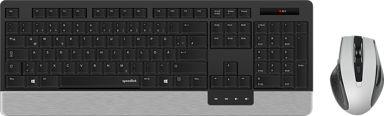 Speedlink kabellose Tastatur mit Ziffernblock und passender Funkmaus in Schwarz-Silber, geeignet für Büro und Homeoffice