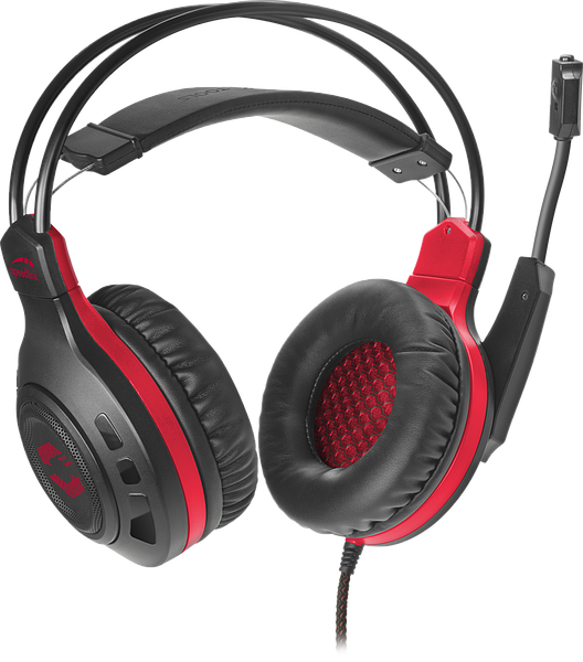 Abbildung eines rot-schwarzen Gaming-Headsets mit Mikrofon und gepolsterter Ohrmuschel, geeignet für Computerspiele