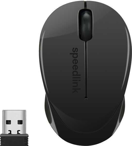 Schwarze kabellose Speedlink Maus mit USB-Empfänger, von oben aufgenommen, ideal für Computer und Laptop