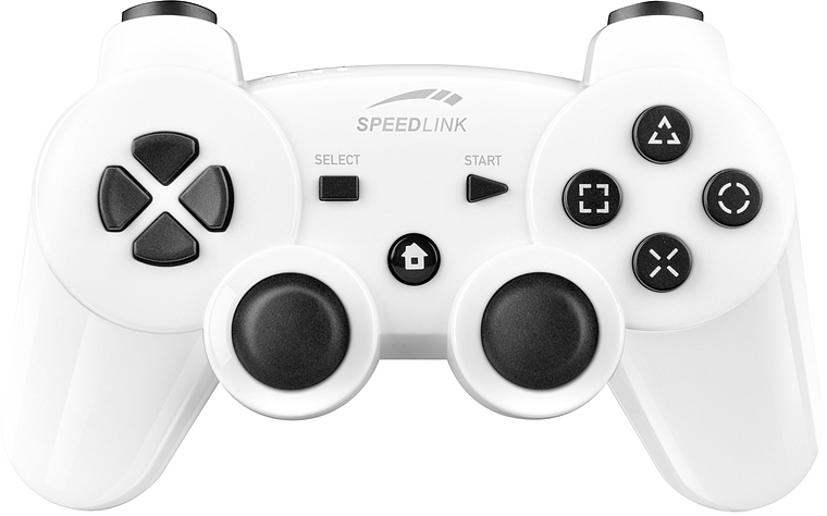 Abgebildet ist ein weißer SPEEDLINK Gamecontroller, der ein typisches PlayStation-Tastenlayout und zwei Analogsticks besitzt.