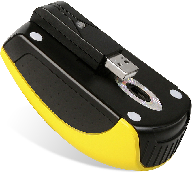 Mobiler Handscanner in Gelb und Schwarz mit integriertem USB-Stecker, ideal für unterwegs