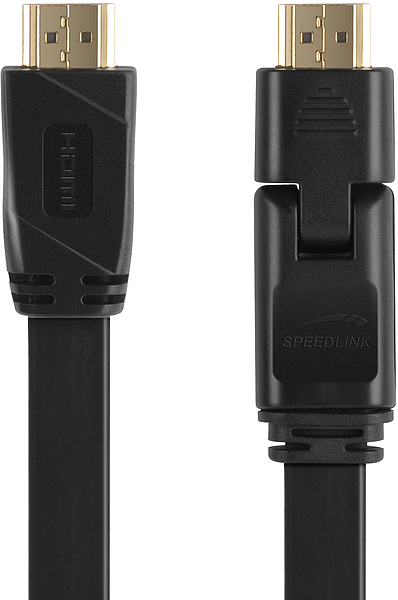 Abbildung eines schwarzen Speedlink HDMI-Kabels mit vergoldeten Anschlüssen und flexiblem Stecker