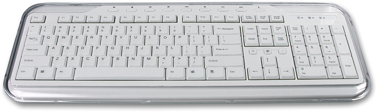 Moderne weiße Tastatur mit flachen Tasten und integriertem Nummernblock auf weißem Hintergrund