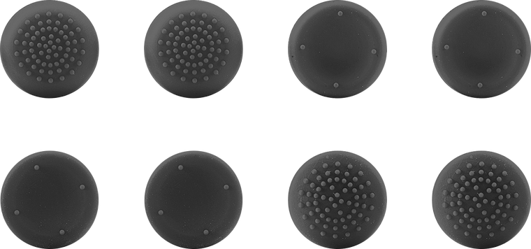 Acht schwarze Silikon-Aufsätze für Controller-Sticks, teilweise mit genoppten Oberflächen zur besseren Griffigkeit, geeignet für Playstation und Xbox Controller
