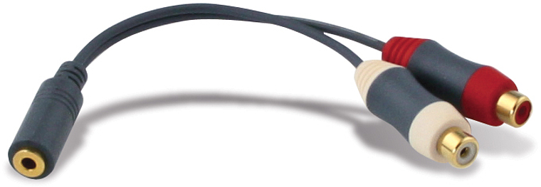 Adapterkabel mit 3,5mm Klinkenbuchse auf zwei Cinch-Buchsen (rot und weiß), geeignet zur Audio-Signalübertragung