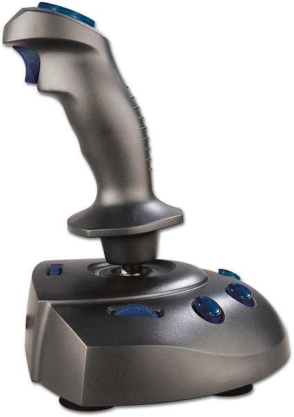 Grauer PC-Joystick mit ergonomischem Griff und blauen Tasten für Computerspiele