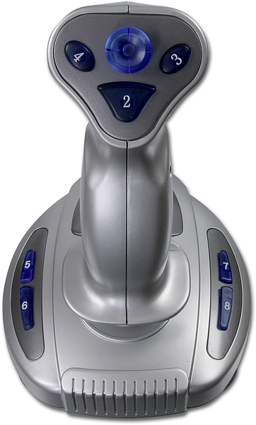 Grauer USB Joystick mit acht blauen Tasten und ergonomischem Design, geeignet für Flugsimulatoren und Computerspiele