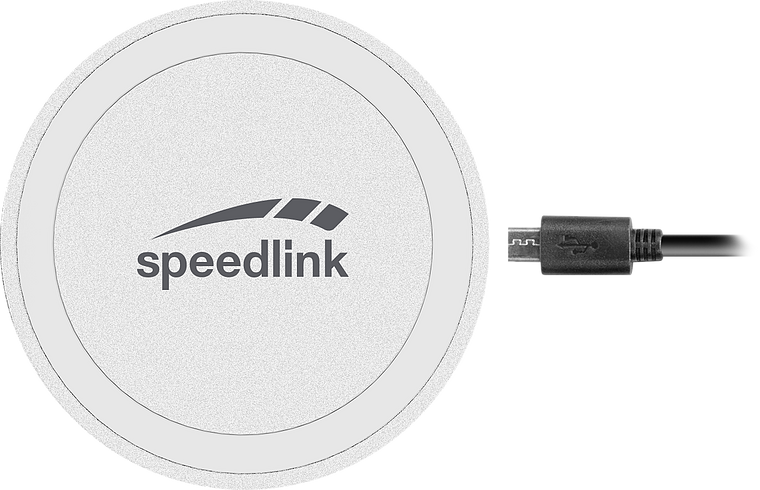 Weißes, rundes kabelloses Ladegerät von Speedlink mit angeschlossenem Micro-USB-Kabel