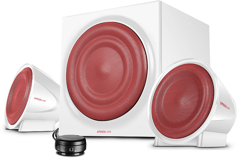 Weißes 2.1 Lautsprechersystem von SPEEDLINK mit zwei Satellitenlautsprechern und Subwoofer, rote Lautsprechergitter und Kabel-Fernbedienung