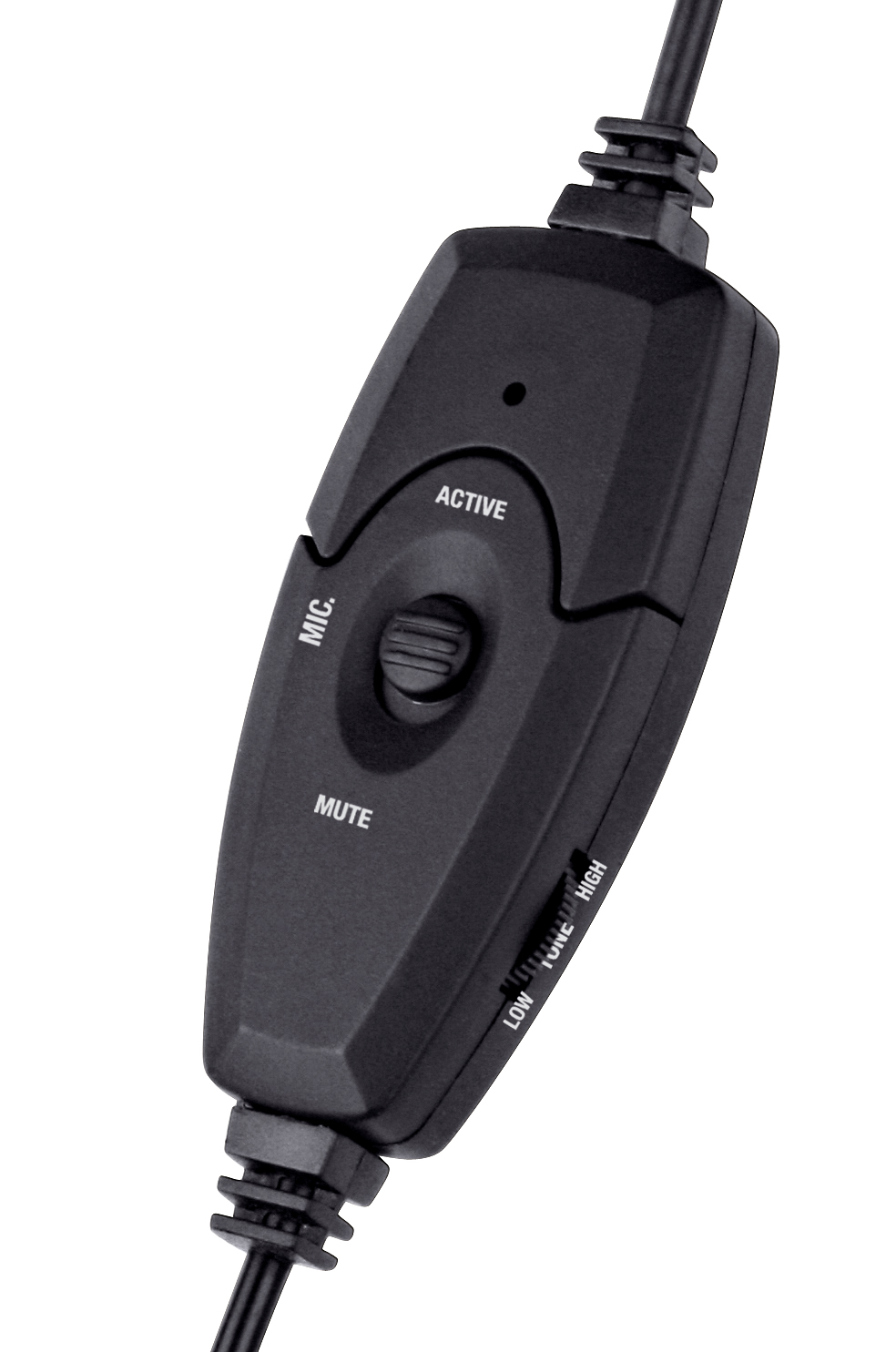 Schwarze Inline-Fernbedienung mit Schiebeschalter für Mikrofon-Stummschaltung, Aktivitätsanzeige und Lautstärkeregler
