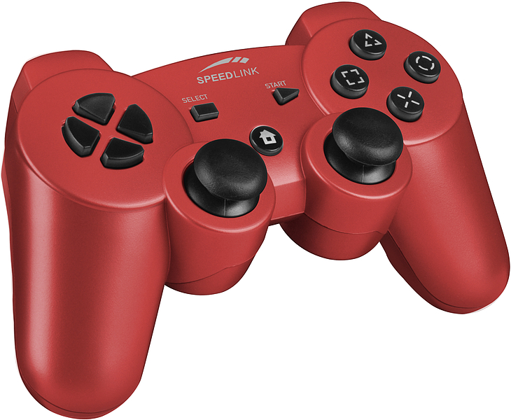 Roter SPEEDLINK Gamecontroller mit zwei Joysticks und mehreren Tasten, geeignet für PC oder Konsole