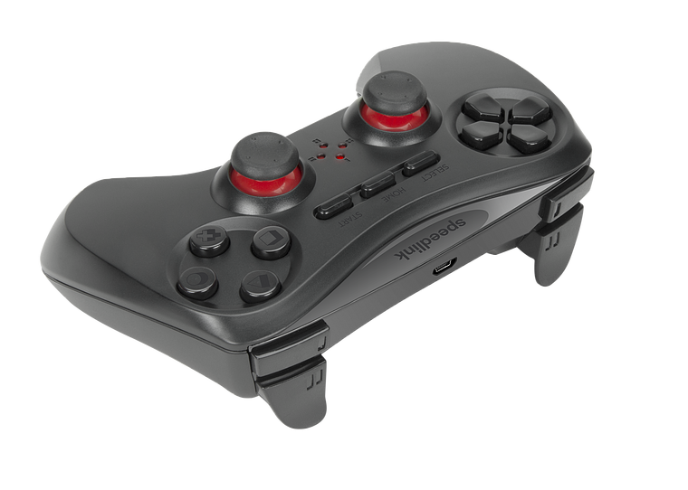 Schwarzer Speedlink Gamecontroller mit roten Akzenten, ergonomischer Form und vielfältigen Bedienelementen