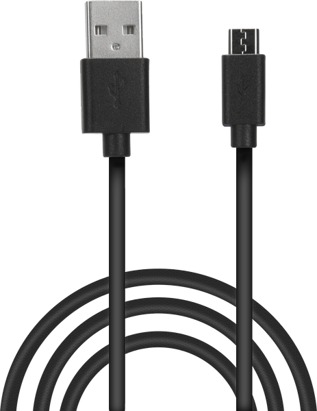 Abgebildet ist ein schwarzes USB-zu-Micro-USB-Kabel, geeignet zum Aufladen und Datenübertragung für kompatible Geräte.