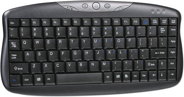 Schwarze kompakte Computer-Tastatur mit Funktionstasten und zusätzlichen Multimediatasten, geeignet für Desktop-PCs und Laptops