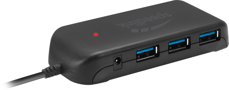 Schwarzer Speedlink USB 3.0 Hub mit vier USB-Ports und externer Stromanschluss