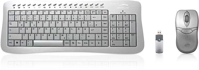 Abbildung eines kabellosen Tastatur- und Maus-Sets von Speedlink in silberner Farbe inklusive USB-Empfänger