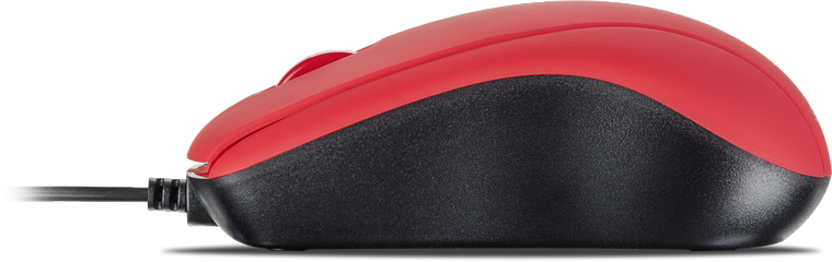 Seitliche Ansicht einer roten und schwarzen kabelgebundenen Computermaus auf weißem Hintergrund
