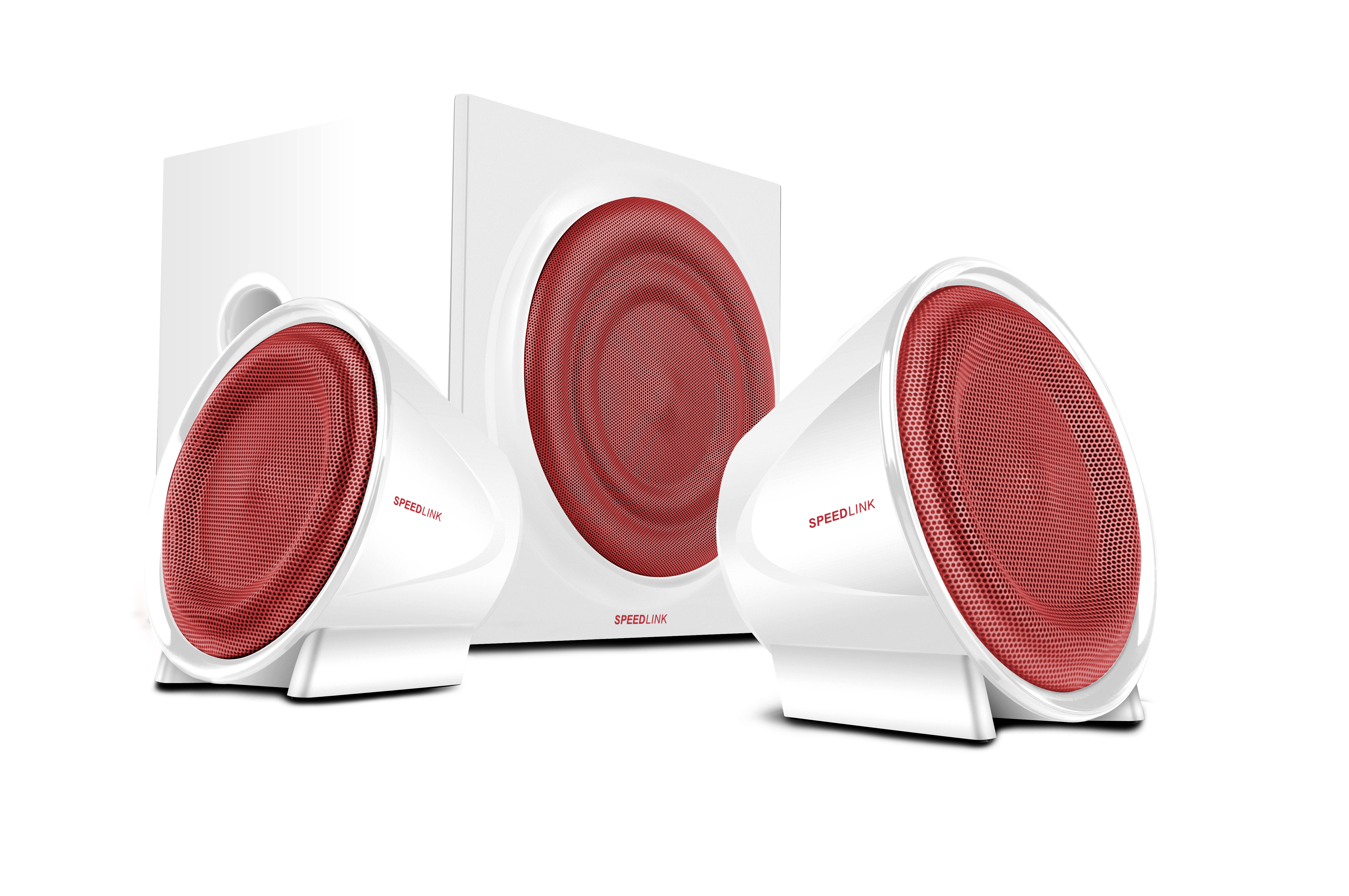 Abbildung eines Speedlink 2.1 Lautsprechersystems in Weiß mit roten Lautsprechergittern, bestehend aus zwei Satelliten und einem Subwoofer