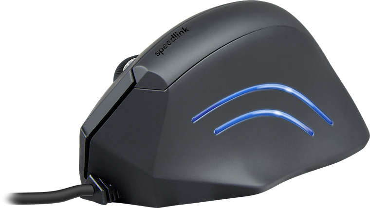 Seitenansicht einer schwarzen, ergonomischen Speedlink-Maus mit blauer LED-Beleuchtung und Kabel