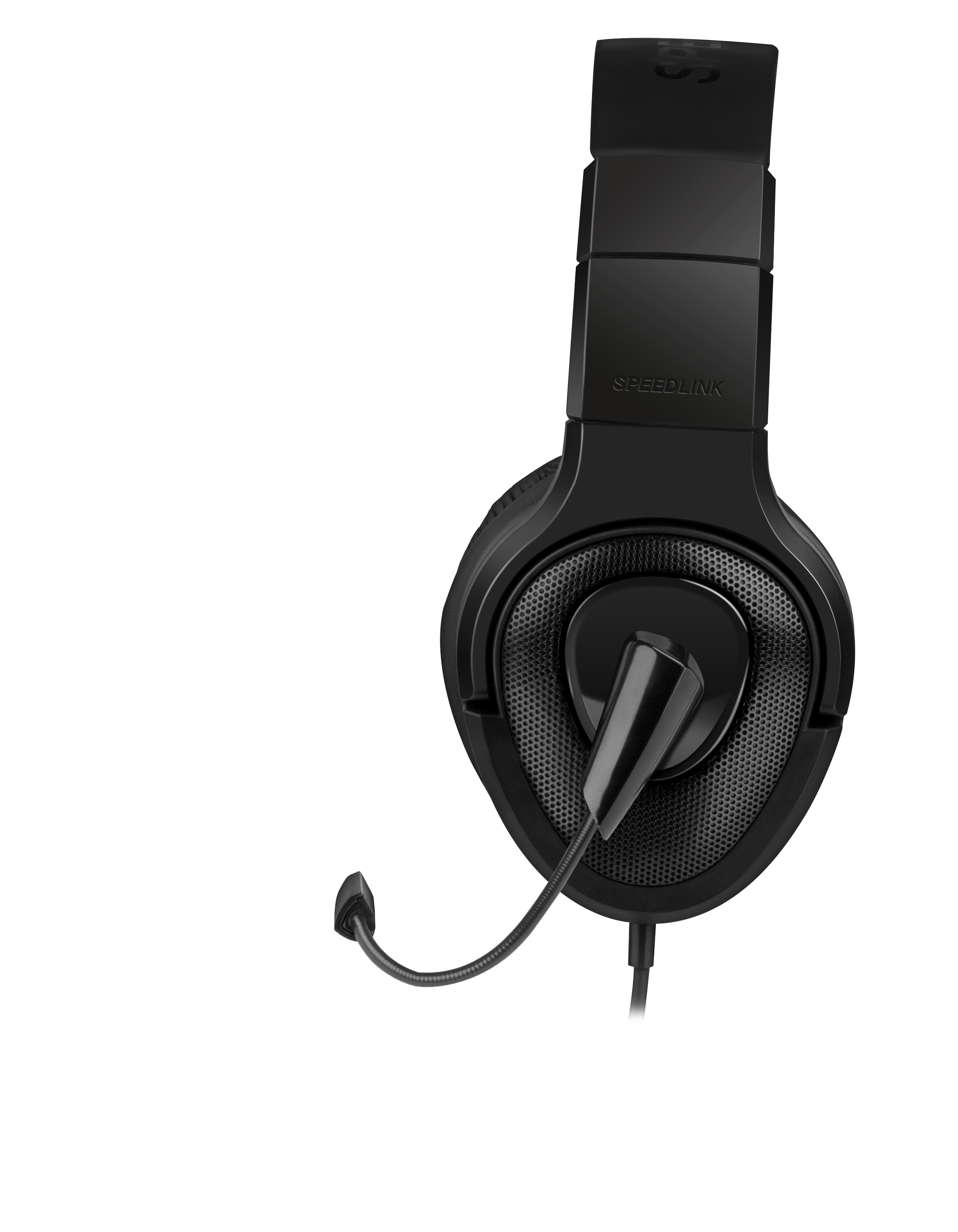 Abbildung eines schwarzen Speedlink Gaming-Headsets mit flexiblem Mikrofon und Kabelanschluss