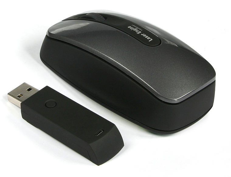 Abgebildet ist eine kabellose Computermaus in Schwarz und Silber neben einem passenden USB-Empfänger.