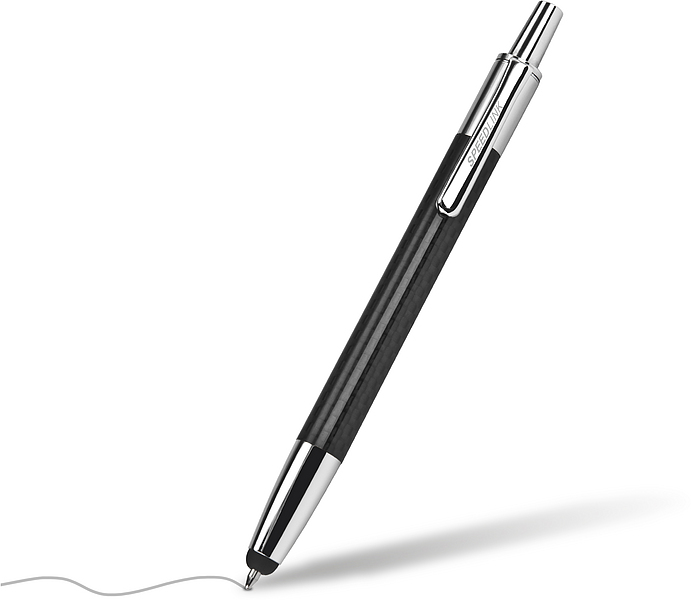 Ein hochwertiger Kugelschreiber in Schwarz mit silbernen Metallverzierungen, leicht abgeschrägt liegend.