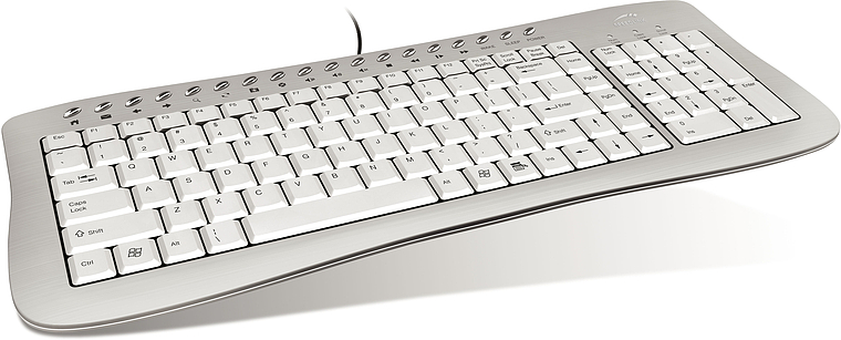 Komfortable, silber-weiße Tastatur mit flachen Tasten und zusätzlicher Tastenleiste, ideal für Büro oder Homeoffice.
