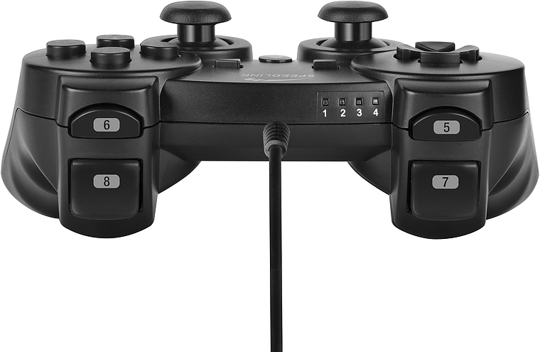Vorderansicht eines schwarzen kabelgebundenen Gamepads mit mehreren Tasten und LED-Anzeige für Spielerzuweisung