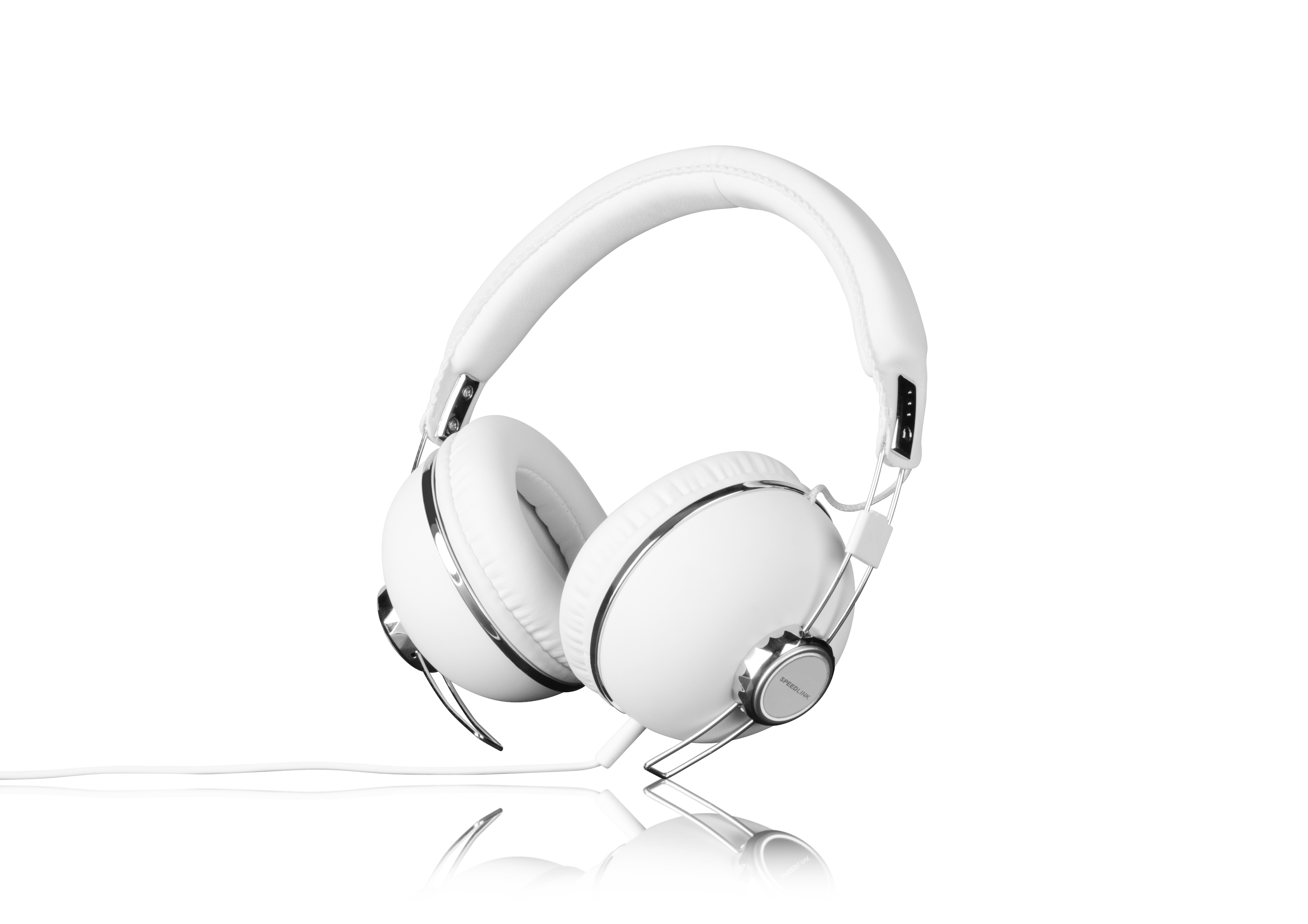 Abbildung eines modernen, weißen Over-Ear-Kopfhörers mit Kabel und gepolstertem Kopfbügel auf weißem Hintergrund