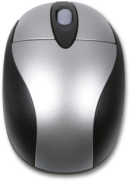 Silber-schwarze kabellose Computermaus mit ergonomischem Design und mittigem Scrollrad