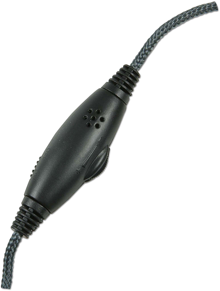 Abgebildet ist ein schwarzer Zwischenschalter aus Kunststoff an einem Kabel, geeignet für Lampen oder Elektrogeräte.